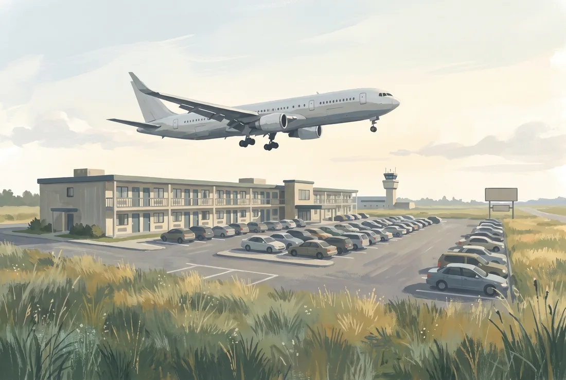 Gouache illustration of a plane on approach over a low hotel and a car park