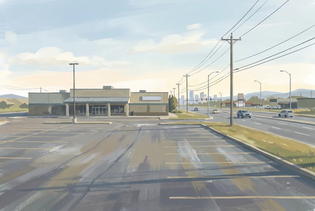 Gouache illustration of a wide arterial road and a quiet parking lot on a weekday morning