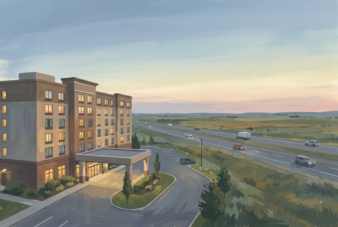 Gouache illustration of a hotel by a highway in southeast Calgary under a wide evening sky
