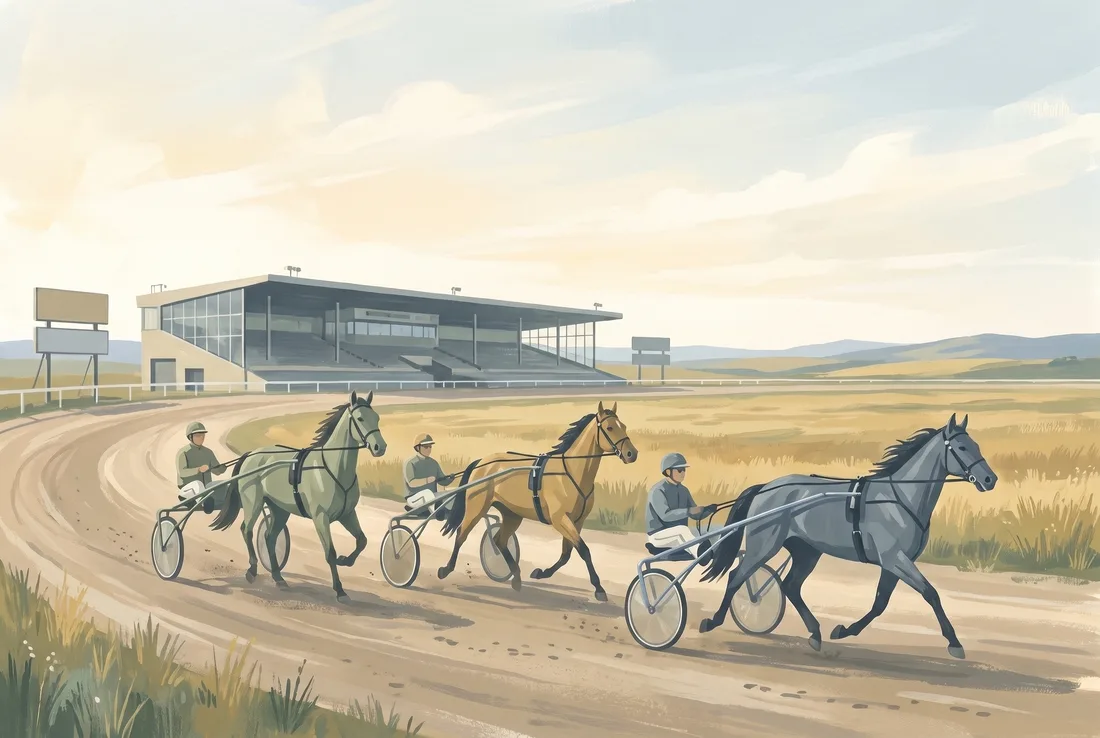 Gouache illustration of harness racing horses on an oval track with a grandstand on the prairie