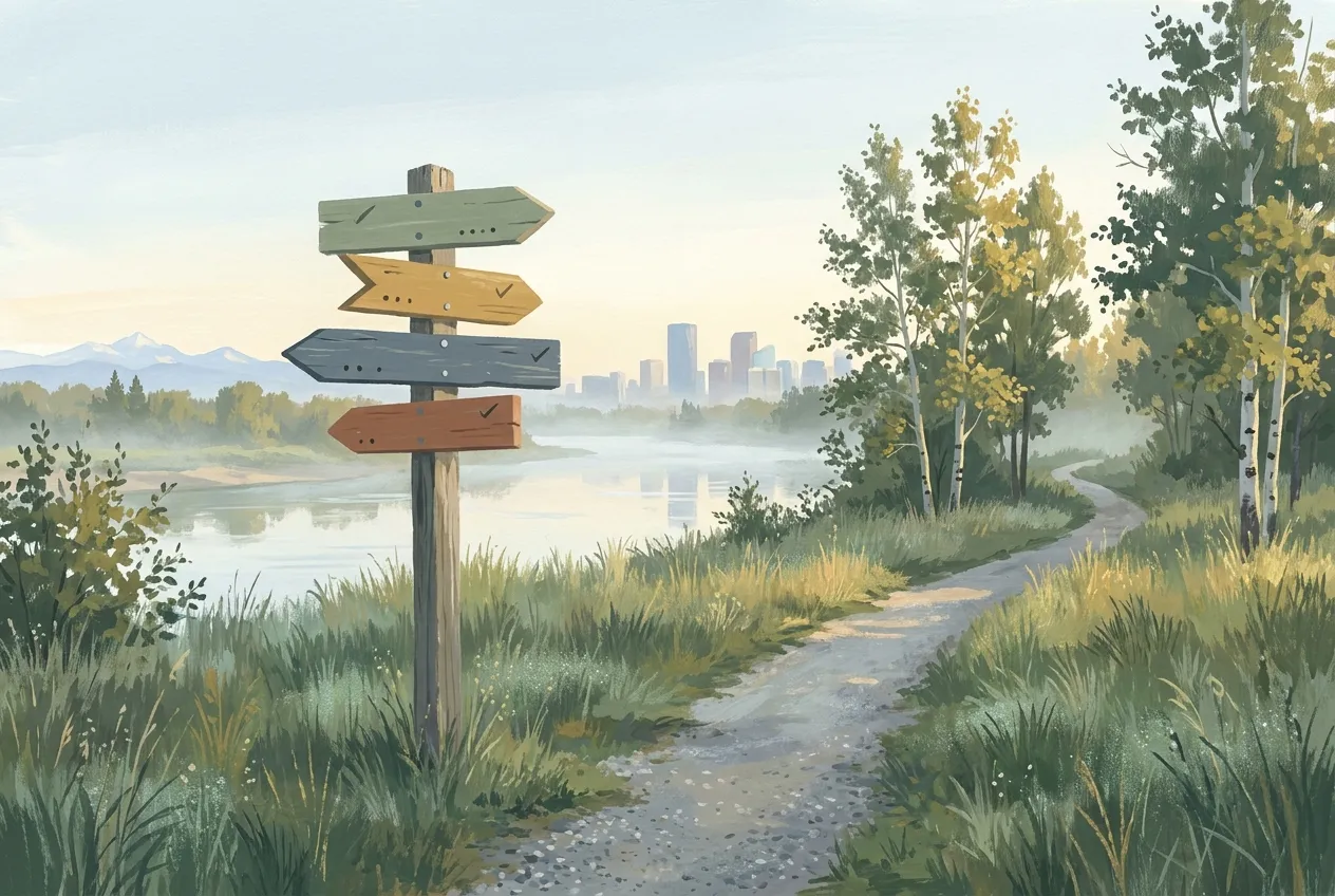 Painted wooden trail signpost beside a Bow River pathway at morning, Calgary towers and the Rockies in the distance