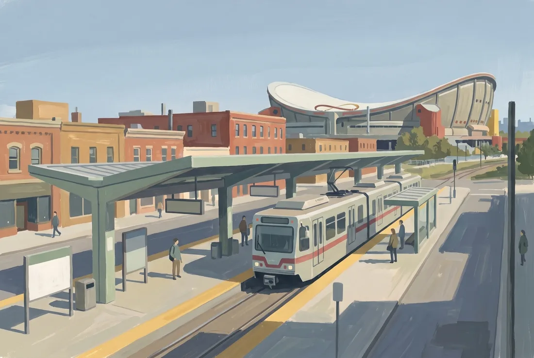 Gouache illustration of a light-rail station in Victoria Park with an arena roof in the distance